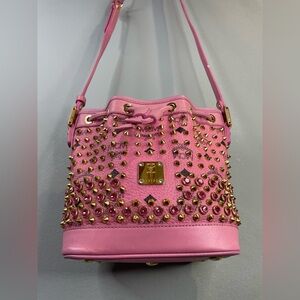 MCM Pink Studded Leather Drawstring Bucket Bag